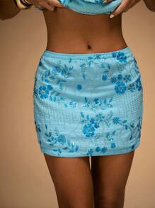 SHEIN BAE Women's Embroidered Beaded Decor Mid Low Waist Skirt, Suitable For Party, Daily Wear, Festival Celebrations, Street Events, Spring