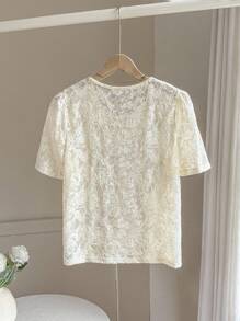 SHEIN Blusa holgada de manga abullonada de punto con encaje - Blanco - Ver 2
