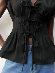 Maija New Spring/Summer Black Front Tie Bow Waist Pleated Shoulder Blouse For Women - Black - View 6