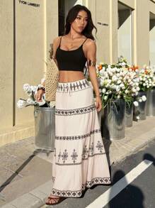 SHEIN PETITE Chân váy Maxi Boho dành cho nữ: Vải dệt, nhiều lớp và họa tiết nhiều màu - Phong cách sang trọng, bồng bềnh cho mùa hè - trắng - Xem 10