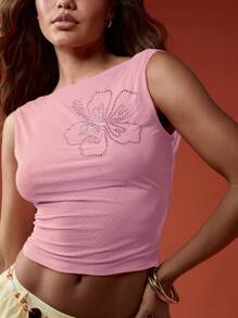 MISSGUIDED 女性芙蓉花装饰背心露背夏季短款上衣水钻细节无袖晚会节日沙滩装节日俱乐部装 - 淺粉色 - 查看 3