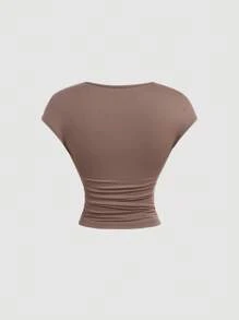 SHEIN MOD Women's Cowl Neck Ruched Fitted T-Shirt, Camel Color Draped Top - Camel - View 2