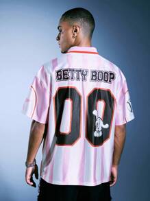 ROMWE MEN Betty Boop | ROMWE 男士夏季粉色卡通星星印花短袖 Polo 衫，2000 年代风格 - 粉色 - 查看 7