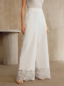 Anewsta Women's High Waist Flowy Lace Embroidery Patchwork Pants, Vacation Style - White - View 3