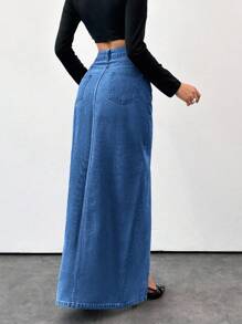 EURMUSE Women's Solid Color High Slit Pocket Elegant Denim Mini Skirt - Teal Blue - View 2