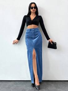 EURMUSE Women's Solid Color High Slit Pocket Elegant Denim Mini Skirt - Teal Blue - View 3