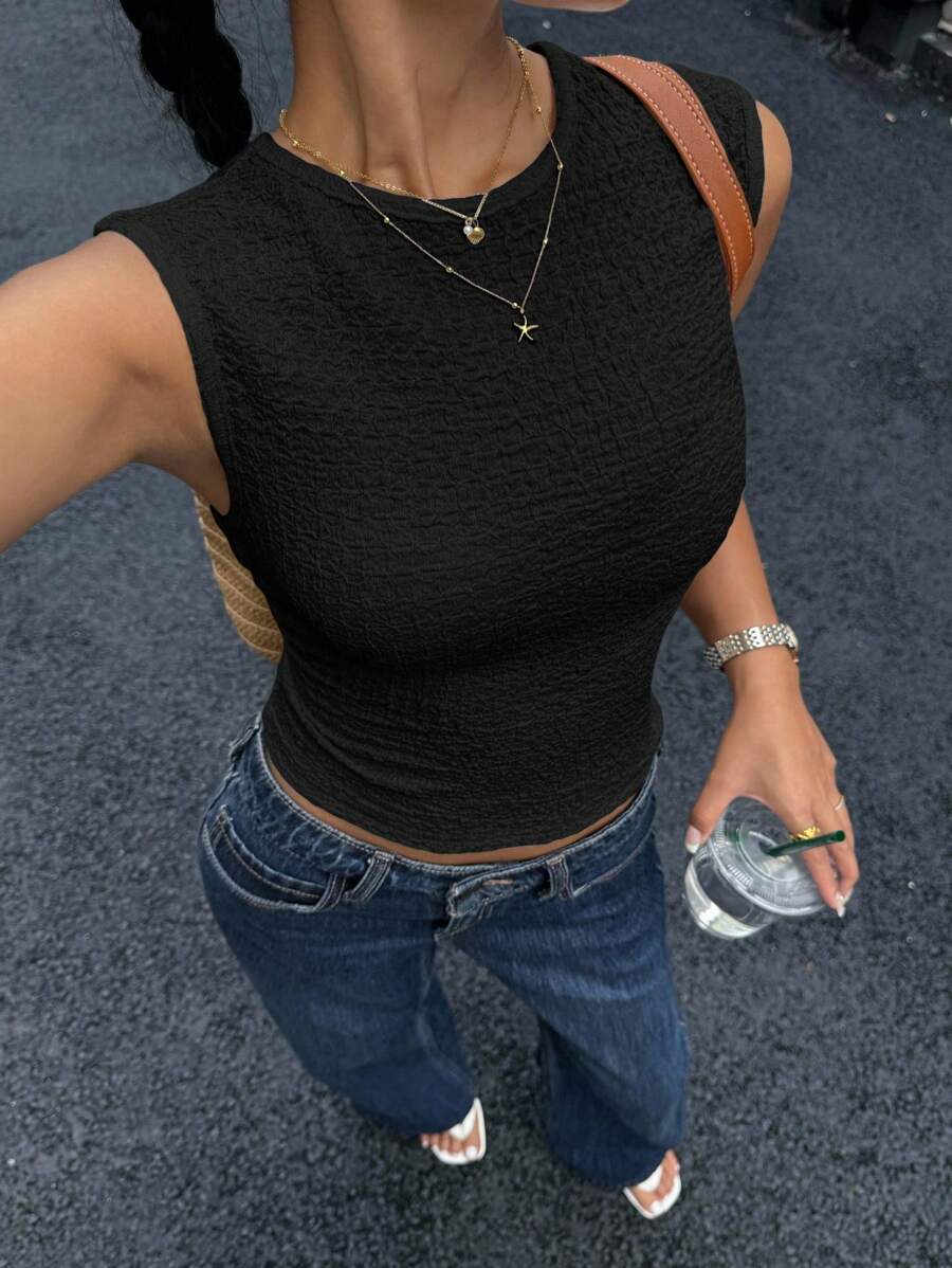 Siren Gaze Áo ba lỗ nữ All Match Multi-Mat Textured Slim-Fit, Mùa hè - màu đen - Xem 1