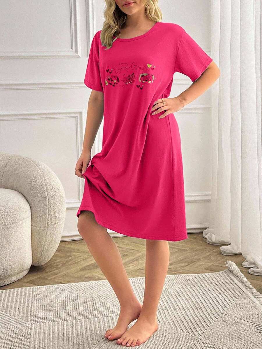 Women Contrast Colour Cute Animal Prints Basic Homewear Sleepdress - Hot Pink - View 1