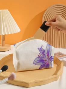 ROMWE Fairycore White Background Purple Lily Flower Pattern Octagonal Velvet Makeup Bag - Multicolor - View 4