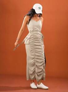 Hanevo Khaki Elastic Waist Drawstring Pockets Women Casual Dress