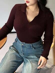 Dazy Plus Valentine Plus Size Solid Color V-Neck Elastic Bodycon Long Sleeve Wine Red Sweater Fall - Burgundy - View 7
