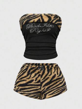 J-Fashion Style Y2K Ensemble femme 2 pièces : Débardeur à imprimé zébré avec décoration de strass et short bouffant pour le port casual