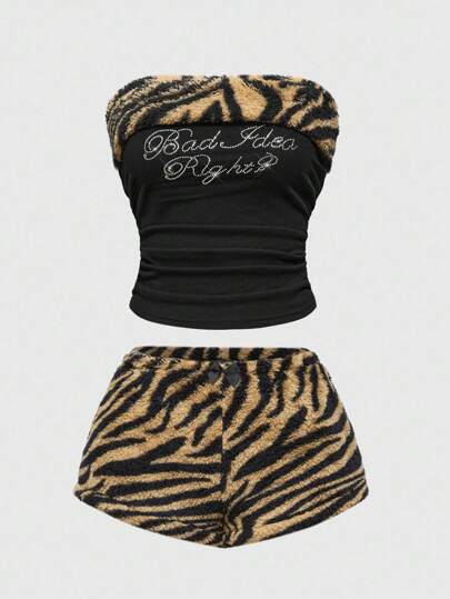J-Fashion Set da donna in stile Y2K, 2 pezzi: top tubo decorato con strass a stampa zebrata e shorts soffici per uso casual