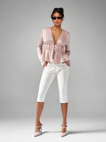 MISSGUIDED Empire Waist Blouse Ruffled Long Bell Sleeve V Neck Ruched Front Party Evening Holiday Elegant Dressy Spring Summer Light Fashion Top - Pink - View 4