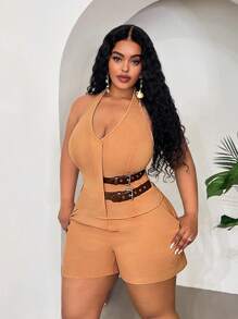 Slaydiva Veslaya Plus Size Women Halter Neck Low-Cut Vest & Shorts 2pcs Suit,Black And White,Summer,Classy,Night Out Club Two Piece Matching Curvy Outfit Set - Khaki - View 5