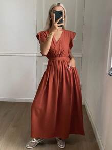 DAZY 优雅纯色V领荷叶边中长款女士秋季连衣裙 - 橘色 - 查看 3