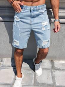 Manfinity LEGND Stylish Light Wash Distressed Denim Bermuda Shorts For Men Perfect For Relaxed Summer Boyfriend & Husband Washed Blue Loose Wide Leg For Going Out Denim Shorts
