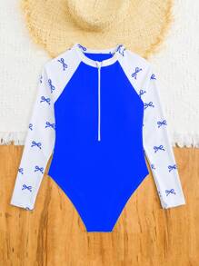 SHEIN 女童拼色蝴蝶印花连体泳衣 - 寶藍色 - 查看 6