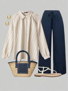 Zelara Plus Size Women Striped Raglan Sleeve Long Sleeve Single-Breasted Casual Shirt Navycore Outfits Plus Size Shirts And Blouses Fall Clothes For Women Business Casual Woman Office Outfits For Women Button Up Shirt Women Teacher Shirts Old Money Style Women