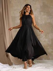 Roveilla Plus Size Women Elegant Solid Color Pleated Halter Dress For Summer - Black - View 5