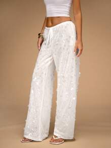 SHEIN BAE Quần ống rộng sequin cạp thấp cho nữ, thích hợp cho kỳ nghỉ hè ở bãi biển - trắng - Xem 6