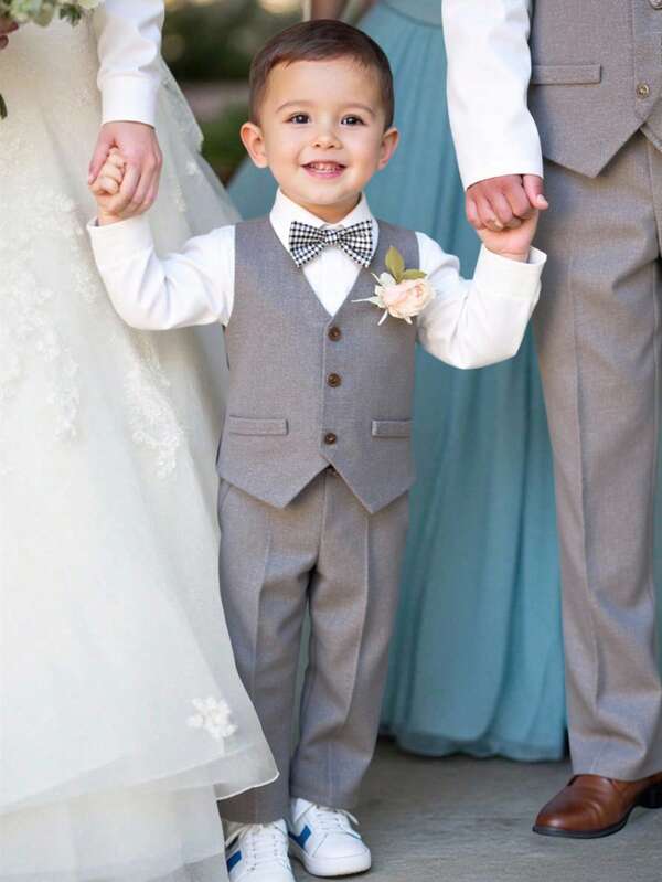 3pcs Baby Boy Gentleman Set: Grey Vest Jacket, Elastic Waist Pants And Bow Tie Shirt