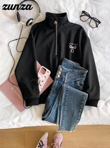 少女休闲百搭度假卫衣，黑色宽松半拉链卫衣，适合秋冬季穿着 - 黑色 - 查看 7