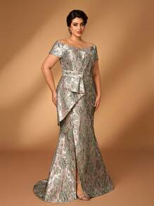 Serin Robe élégante et luxueuse grande taille en jacquard avec épaules dénudées, nœud papillon, fente et queue de poisson, convenant pour les mariages, événements, fêtes, lunes de miel, galas, mères de la mariée, l'été