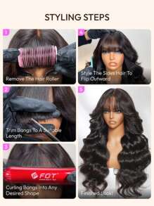 ALL READY WIG Pre Everything 13x4 Human Hair Lace Frontal Wig Fluffy Natural Loose Wave Wig With Curtain Bangs With Drawstring FB30 Balayage Highlights Effortlessly Chic Vibe Layers Frame Face Pre Cut Pre Bleached Pre Plucked Magic Ear Tab Friendly To All Head - SNATURAL/30 - View 5