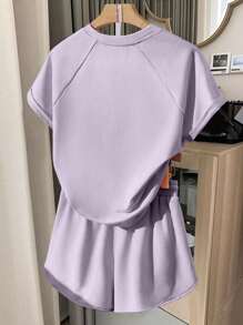 INAWLY 女士休闲纯色T恤和短裤套装，夏季 - 紫色 - 查看 2