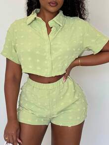 Alexandranx 全新休闲运动 2 件套女式衬衫纹理面料上衣和短裤 - 绿色 - 薄荷綠 - 查看 3