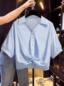 Franclia 女士休闲条纹扭纹短袖衬衫 - 藍色 - 查看 1