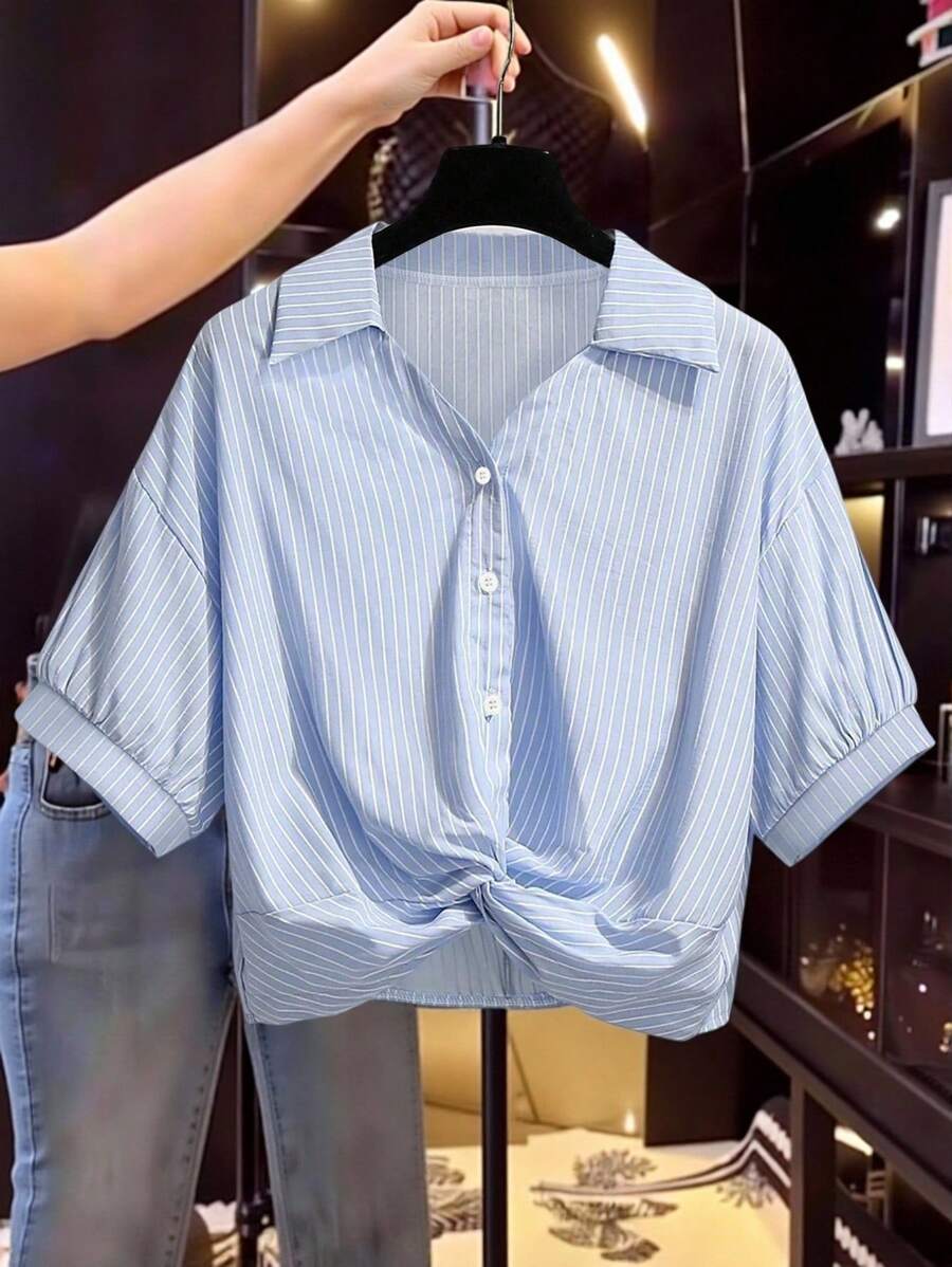 Franclia 女士休闲条纹扭纹短袖衬衫 - 藍色 - 查看 1