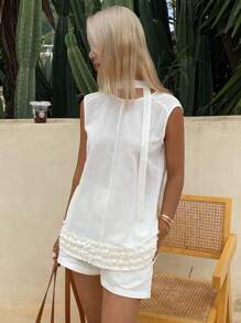 Livesso Débardeur ajusté à volants pour femmes, idéal pour les vacances - Blanc - Voir 5