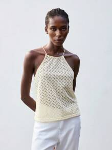 Maija Women's Cream White Summer Hollow-Out Crisscross Halter Knit Tank Top,Casual Vacation Bohemian Style,Loose Fit Sleeveless Versatile Holiday Clothing - Apricot - View 6
