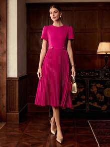 ZEYLAH SOLID PUFF SLEEVE PLEATED HEM MIDI DRESS , FALL WINTER - Hot Pink - View 5