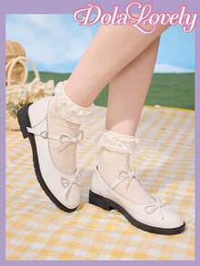 Dola Lovely 2025新款法式蝴蝶结玛丽珍鞋，复古圆头平底休闲皮鞋，女款春夏 - 米色 - 查看 5
