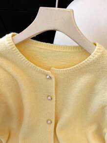 Franclia 女士经典长款优雅简约百搭休闲短袖开衫毛衣，办公室穿着 - 黃色 - 查看 8