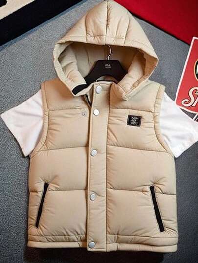 SHEIN Tween Boy Casual Comfortable Versatile Hooded Sleeveless Pocket Vest Jacket With Embellishments, Suitable For Commuting, School, Daily Wear, Boys Vest Hooded Vest For Kids Hooded Vest Kids Winter Vest For Kids Kids Warm Vest