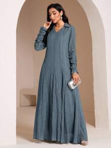Veilorie Conservative Casual Collared Ruched Sleeve Dress, Women Arabic Style Long Dress - Blue - View 6