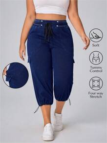 Flexra 大码女式抽绳腰锥形七分牛仔裤 - 藍色 - 查看 1