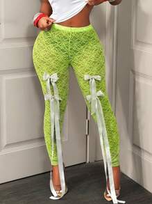 BamGleam Green Bow Decor See-Through Sexy Bodycon Leggings Back To School Fashion Fall Cloth For Women - Green - View 4