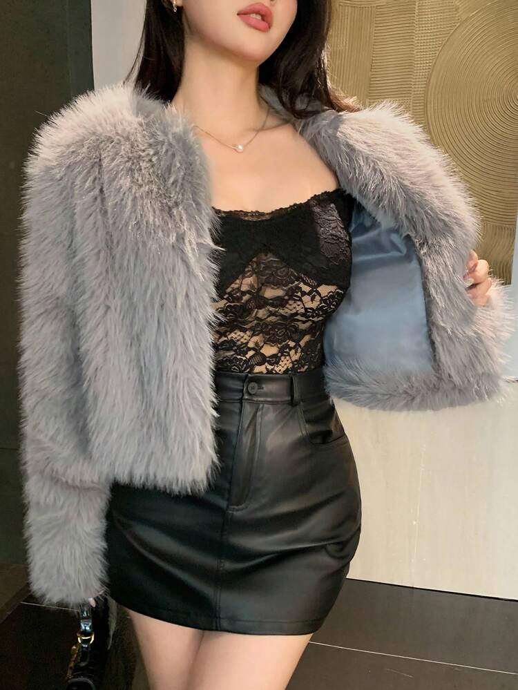 Women's Stylish And Elegant Faux Fur Front Open Short Coat For Autumn/Winter Jacket