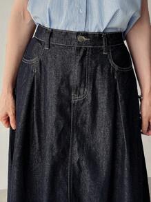 FRIFUL Falda vaquera mini casual holgada con bolsillos y pliegues para mujer - Azul - Ver 2