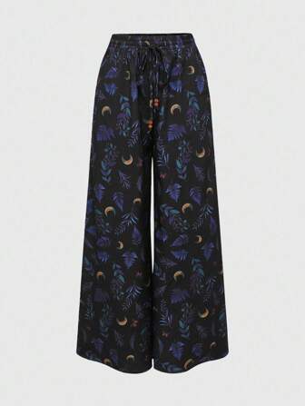 Retro mystischer Stern Mond Pflanze Allover-Muster weite Hose für Damen