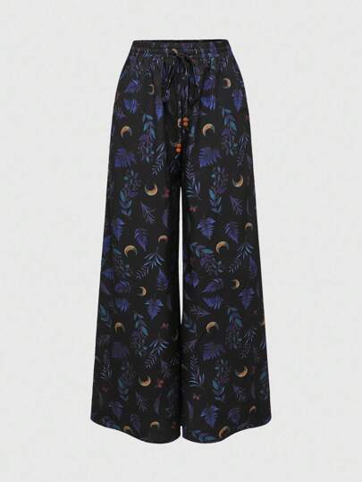 Fairycore Pantaloni larghi comodi con stampa all-over a stelle, lune e piante in stile retrò per donne