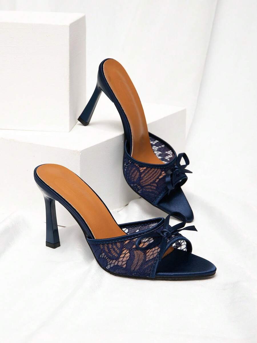 CUCCOO CHICEST New Fashion Versatile Rhinestone Bowknot Strap Stiletto High Heel Sandals For Christmas - Navy Blue - View 1