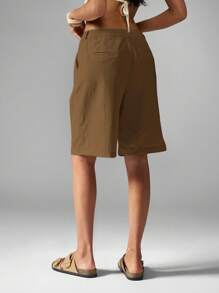MISSGUIDED Bermuda Tailored Walking Shorts Casual Wide Leg High Waist Linen Feel Resort Wear Summer Autumn Spring Vacation Beach Bottoms - Brown - View 2