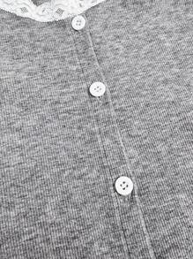 INAWLY 女式休闲学院风罗纹针织圆领蕾丝边长袖纽扣修身开衫，短款轻薄百搭春秋装 - 灰色 - 查看 6