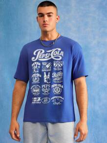 PEPSI X SHEIN 男士休闲街头字母图案短袖T恤，夏季